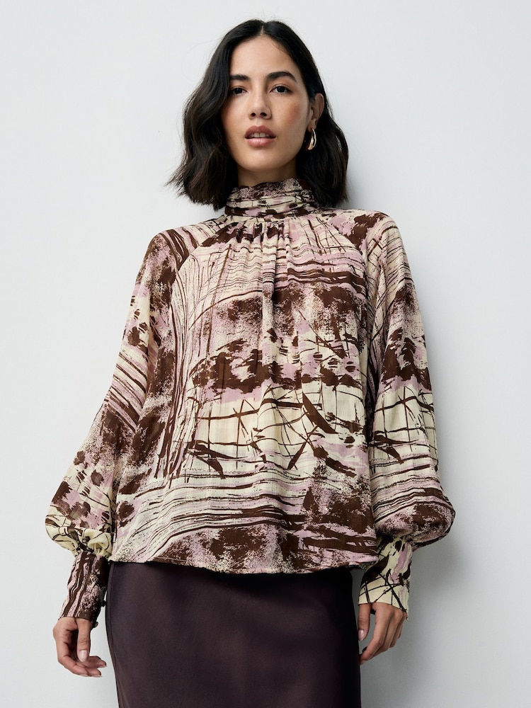 Ecru/Pink/Brown Abstract Print - Long Sleeve High Neck Blouse - Slika 1 iz 8
