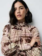 Ecru/Pink/Brown Abstract Print - Long Sleeve High Neck Blouse - Slika 3 iz 8