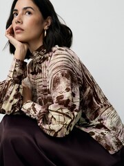 Ecru/Pink/Brown Abstract Print - Long Sleeve High Neck Blouse - Slika 4 iz 8