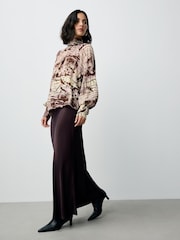Ecru/Pink/Brown Abstract Print - Long Sleeve High Neck Blouse - Slika 5 iz 8