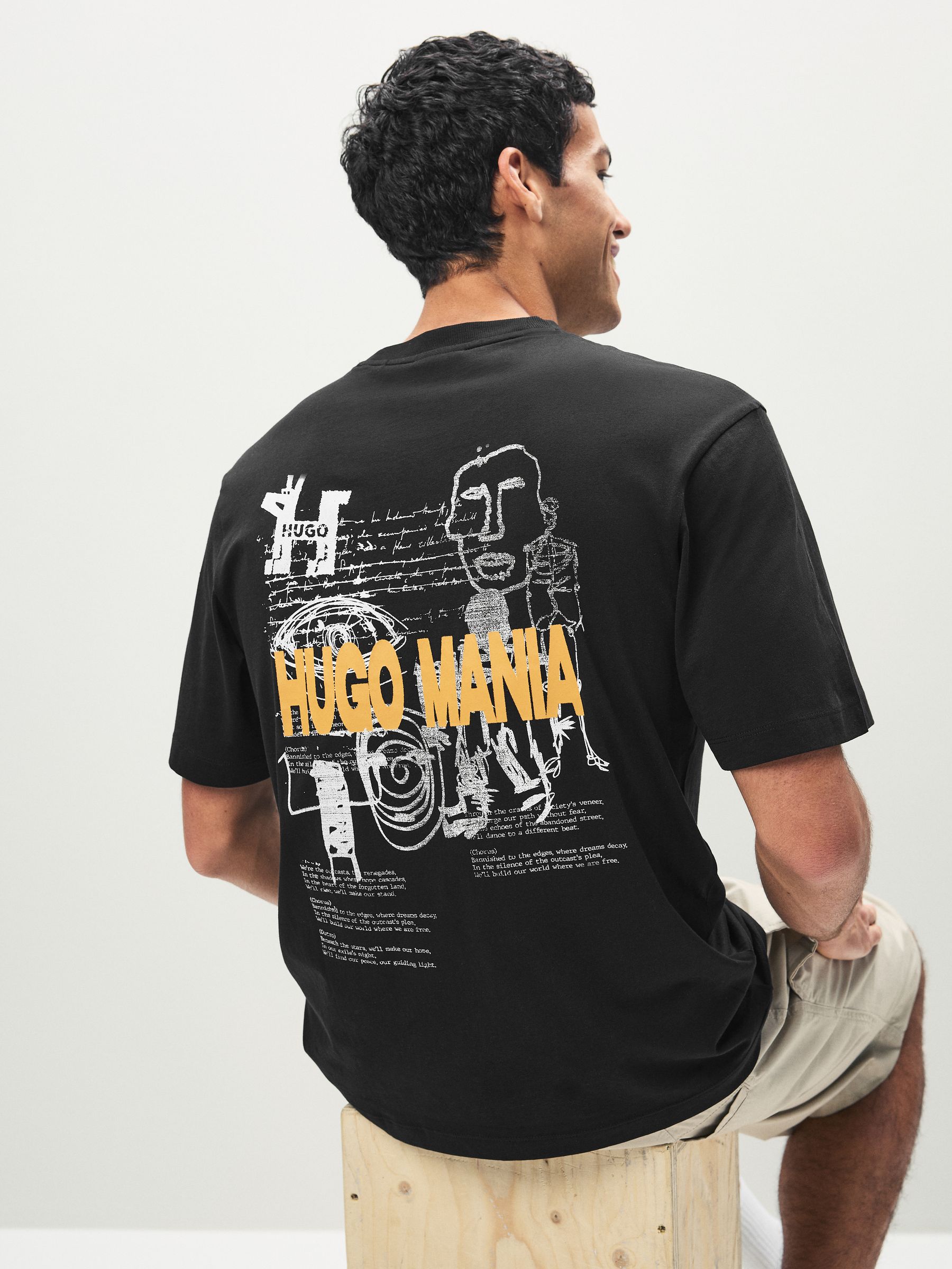 Tシャツ・カットソー HUGO Men T-shirt Black 50525236 001 HUGO - Stretch-cotton T-shirt with graphic logo print - Black