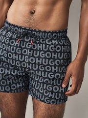 HUGO Black Logo Print Swim Shorts - Image 4 of 5