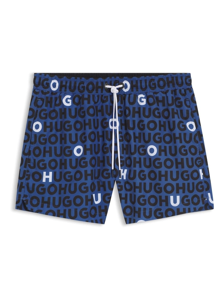 HUGO Blue Logo Print Swim Shorts - Image 1 of 1 HUGO Blue Logo Print Swim Shorts - Image 1 of 1