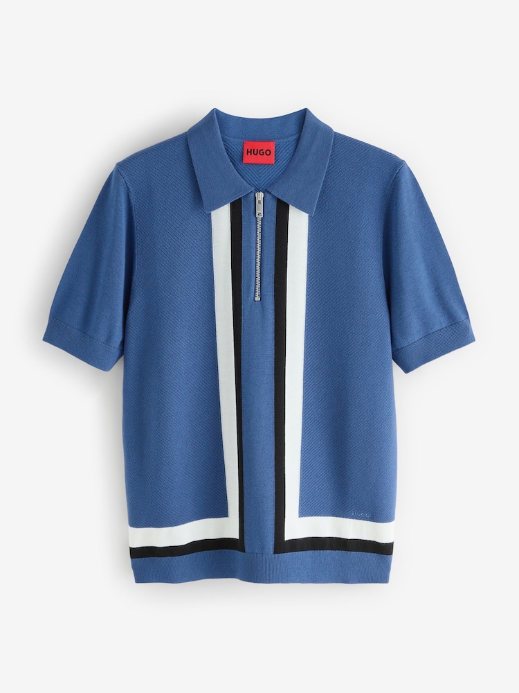 HUGO Blue Zip Up Knitted Polo Shirt - Image 1 of 1 HUGO Blue Zip Up Knitted Polo Shirt - Image 1 of 1