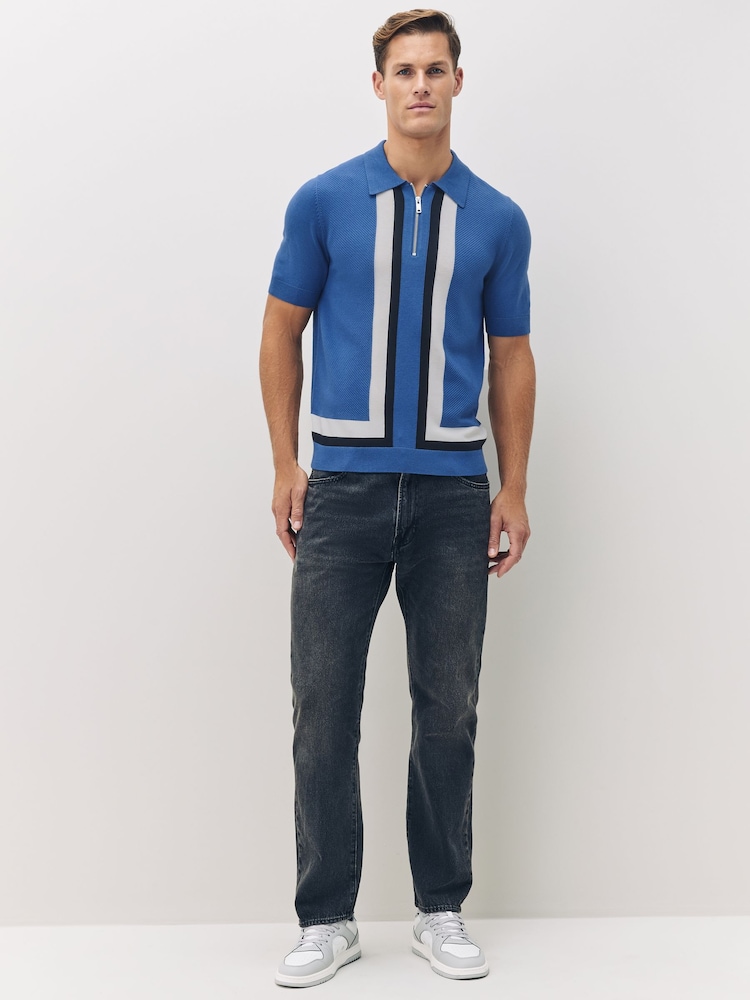 HUGO Blue Zip Up Knitted Polo Shirt - Image 2 of 5