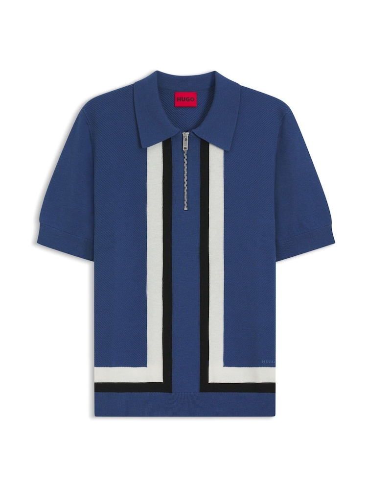 HUGO Blue Zip Up Knitted Polo Shirt - Image 5 of 5