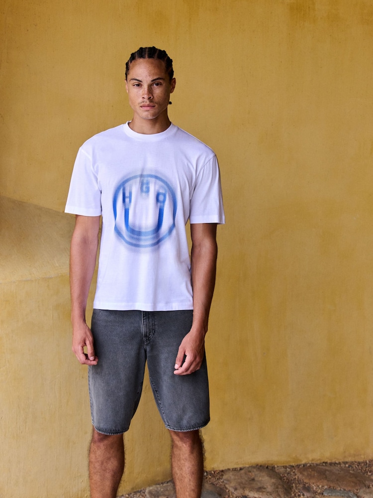 HUGO White Smiley Face Graphic Print T-Shirt - Image 1 of 2