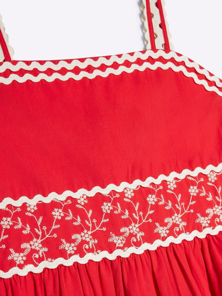 River Island Red Girls Embroidered 100% Cotton Maxi Dress - Image 3 of 6