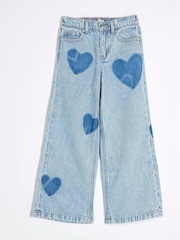 River Island Blue Girls 100% Cotton Heart Patchwork Wide Leg Jeans - Image 1 of 4