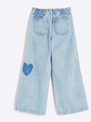 River Island Blue Girls 100% Cotton Heart Patchwork Wide Leg Jeans - Image 2 of 4