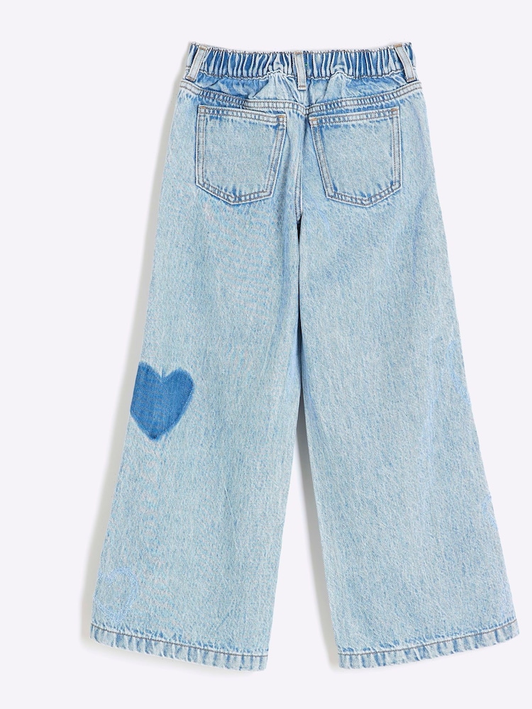 River Island Blue Girls 100% Cotton Heart Patchwork Wide Leg Jeans - Image 2 of 4
