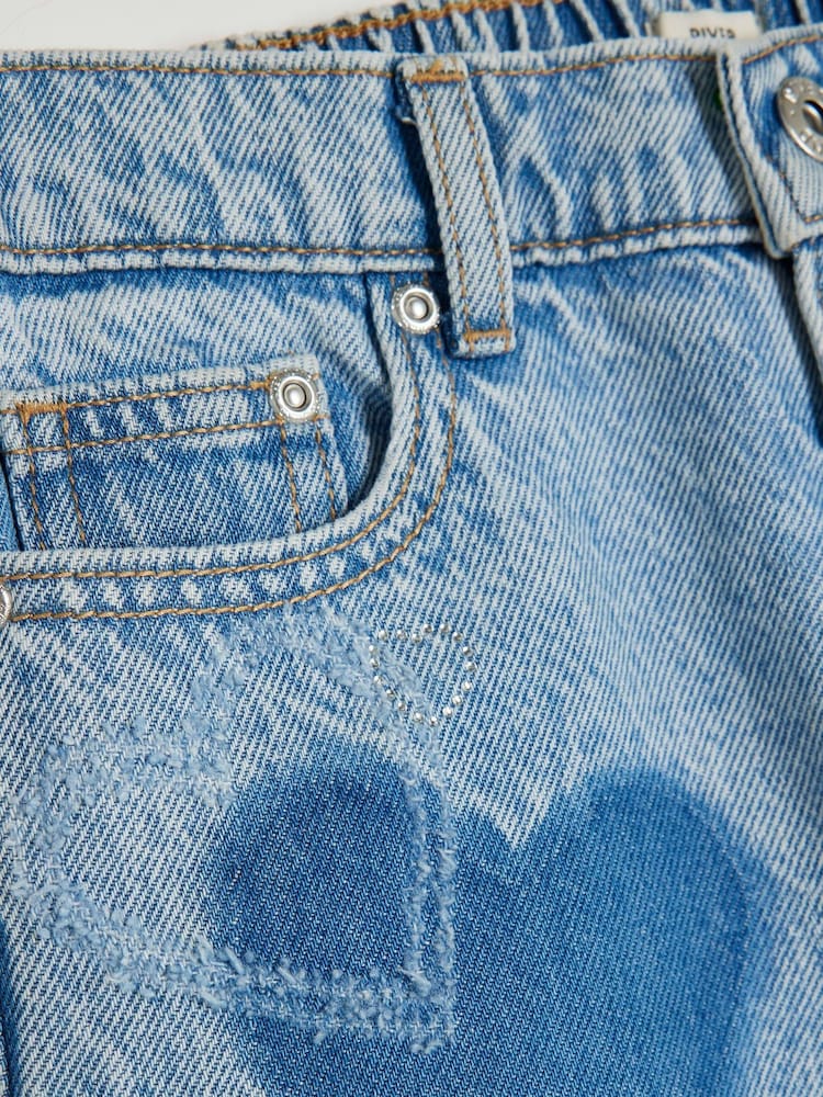 River Island Blue Girls 100% Cotton Heart Patchwork Wide Leg Jeans - Image 3 of 4