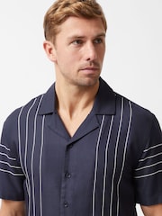 French Connection Blue Stripe Stitch Short Sleeve Open Collar Button Up Shirt - Image 4 of 5
