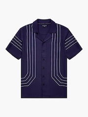 French Connection Blue Stripe Stitch Short Sleeve Open Collar Button Up Shirt - Image 5 of 5