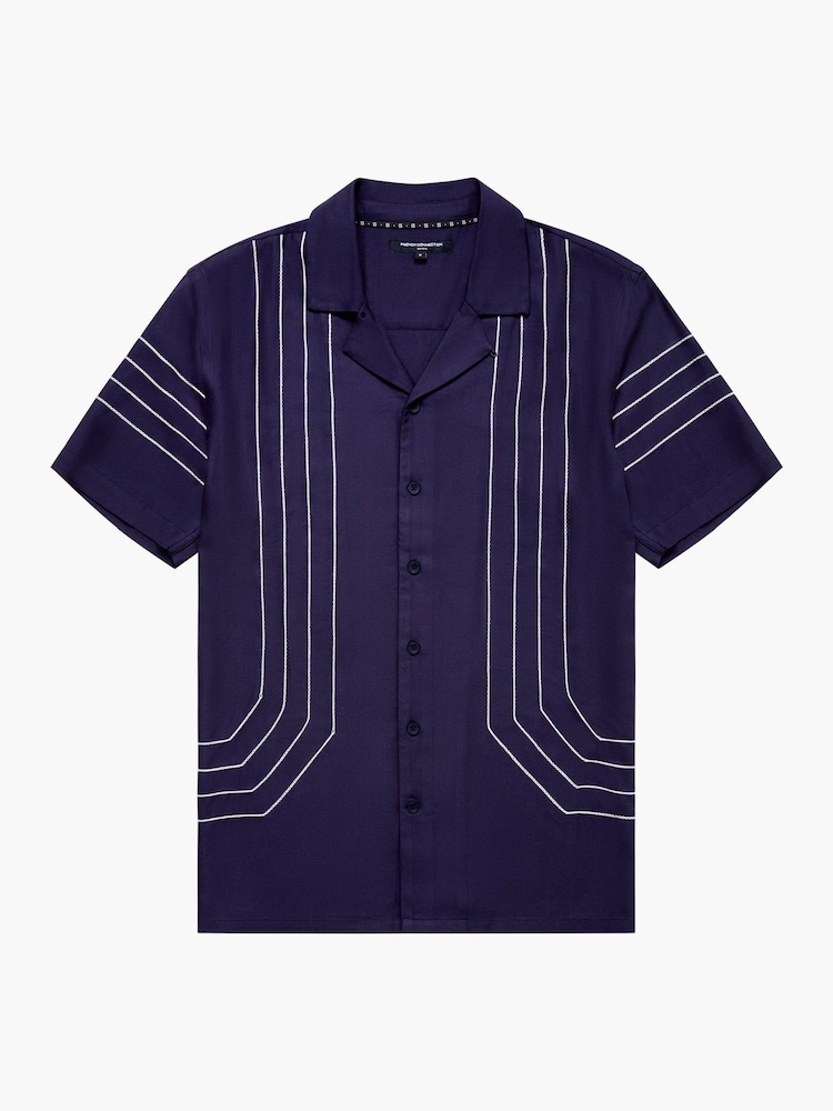French Connection Blue Stripe Stitch Short Sleeve Open Collar Button Up Shirt - Image 5 of 5