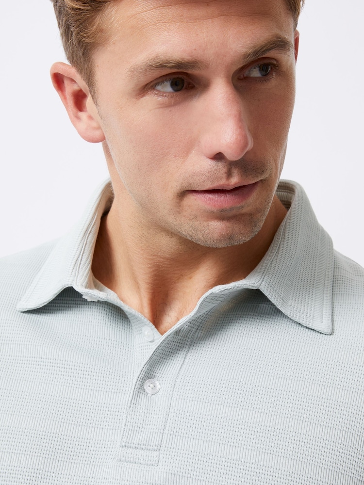 French Connection Green Cotton Blend Stretch Textured Stripe Button Polo Shirt - Image 4 of 6