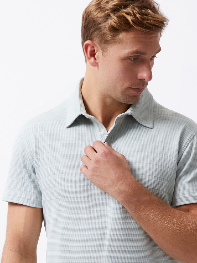 French Connection Green Cotton Blend Stretch Textured Stripe Button Polo Shirt - Image 5 of 6