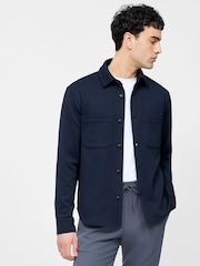 French Connection Blue Stretch Long Sleeve Chest Pocket Button Up Overshirt - Image 1 of 5