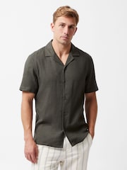 French Connection Dark Green 100% Cotton Seersucker Crinkle Short Sleeve Button Up Shirt - Image 1 of 6