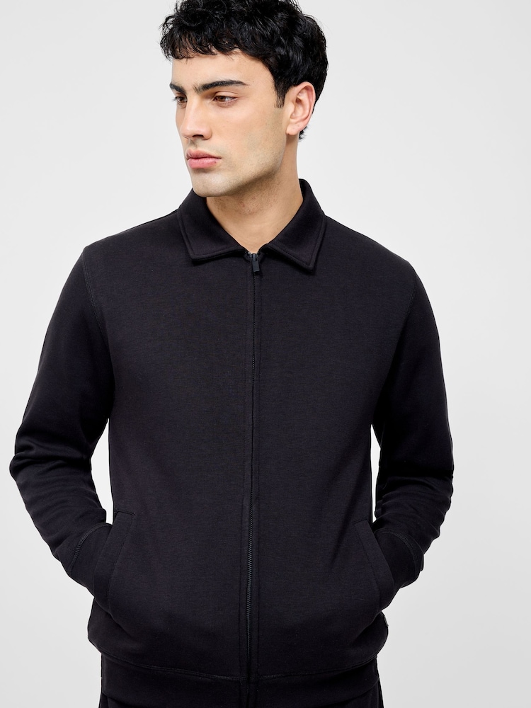 French Connection Black Blend Zip Through Stretch Collared Sweatshirt - Image 1 of 4
