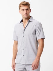 French Connection Blue 100% Cotton Striped Crinkle-Style Short Sleeve Button Up Shirt - Image 1 of 5