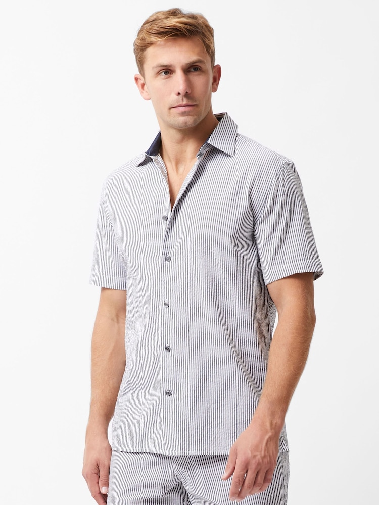 French Connection Blue 100% Cotton Striped Crinkle-Style Short Sleeve Button Up Shirt - Image 1 of 5