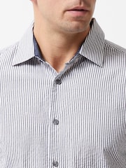French Connection Blue 100% Cotton Striped Crinkle-Style Short Sleeve Button Up Shirt - Image 4 of 5