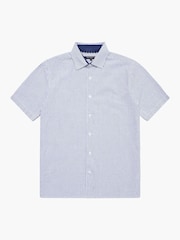 French Connection Blue 100% Cotton Striped Crinkle-Style Short Sleeve Button Up Shirt - Image 5 of 5