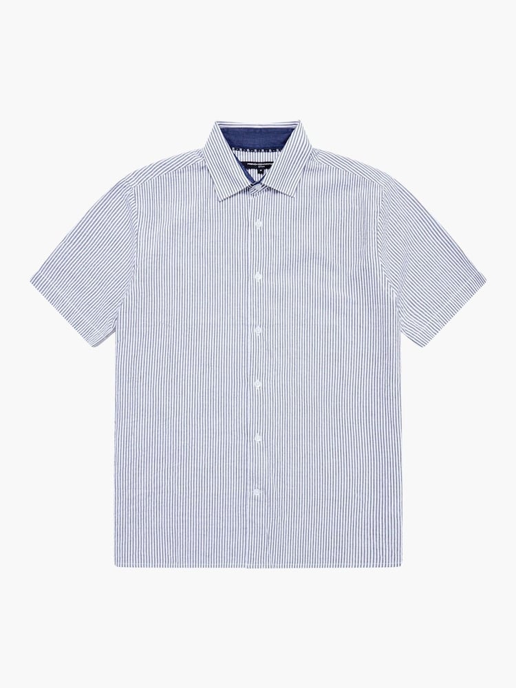 French Connection Blue 100% Cotton Striped Crinkle-Style Short Sleeve Button Up Shirt - Image 5 of 5
