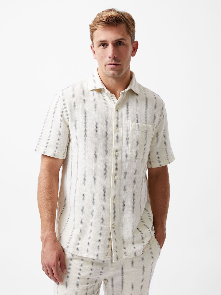 French Connection White 100% Cotton Stripe Short Sleeve Chest Pocket Button Up Shirt - Image 4 of 6
