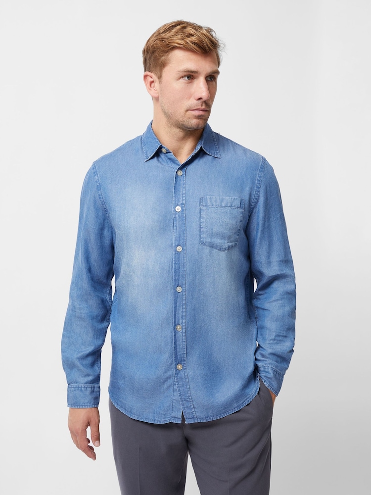 French Connection Blue Lyocell Long Sleeve Button Up Denim Shirt - Image 1 of 6