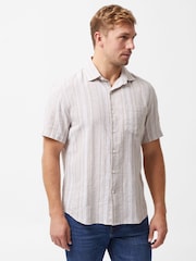French Connection Natural Hemp Cotton Blend Stripe Short Sleeve Chest Pocket Button Up Shirt - Image 1 of 6