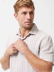 French Connection Natural Hemp Cotton Blend Stripe Short Sleeve Chest Pocket Button Up Shirt - Image 5 of 6