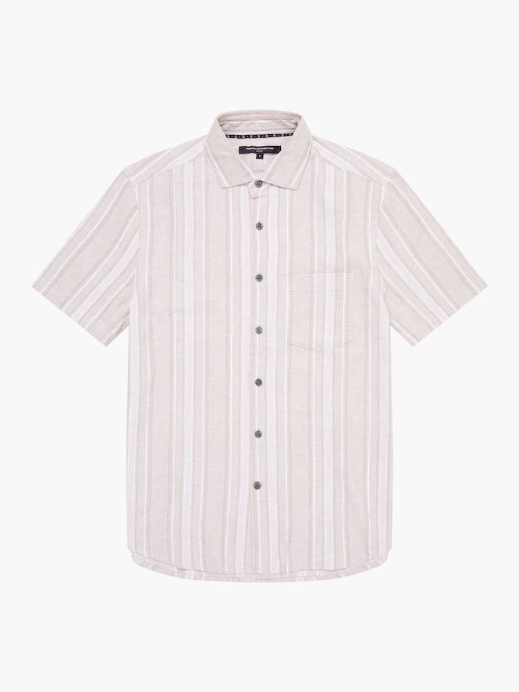 French Connection Natural Hemp Cotton Blend Stripe Short Sleeve Chest Pocket Button Up Shirt - Image 6 of 6