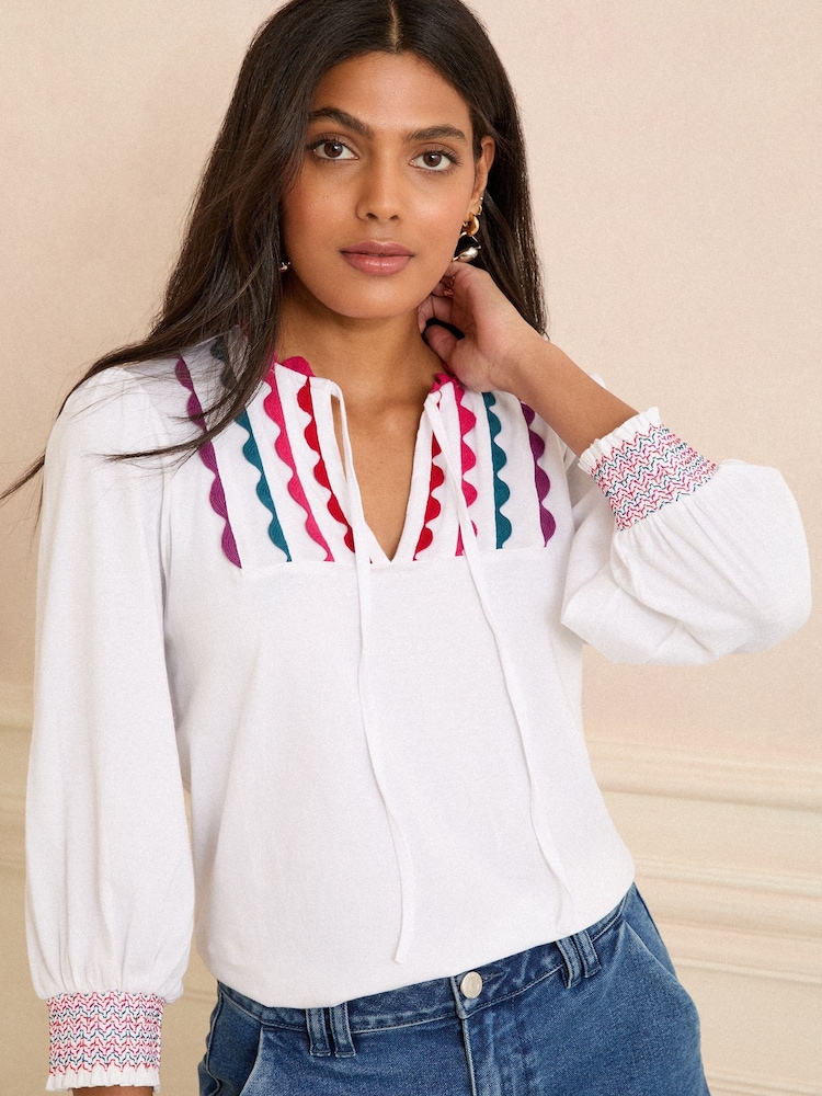 Love & Roses Ivory Rainbow Ric Rac 3/4 Sleeve Jersey Top - Image 1 of 4