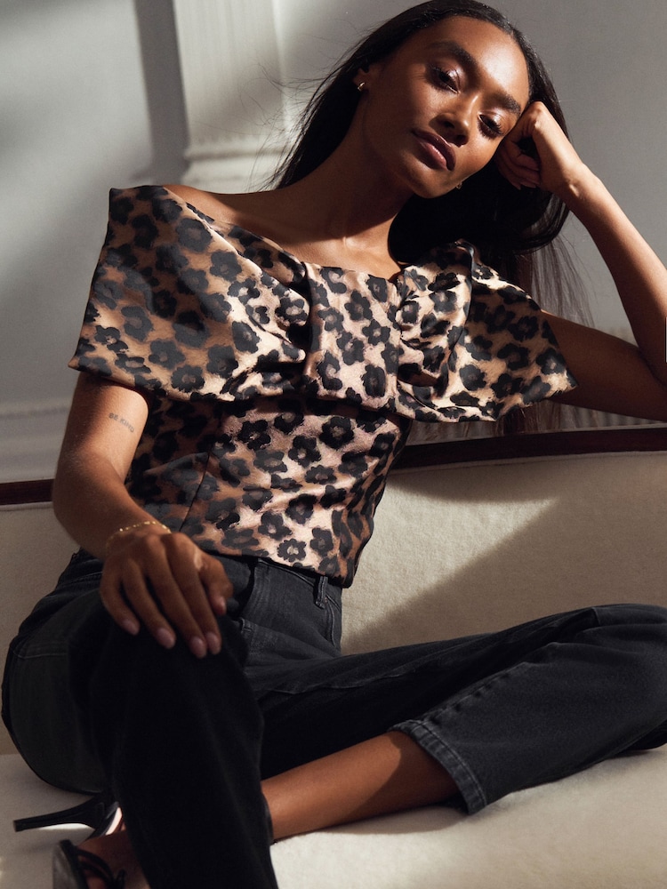 Animal Leopard Print Satin 3D Bow Bardot Top - Image 1 of 4 Animal Leopard Print Satin 3D Bow Bardot Top - Image 1 of 4