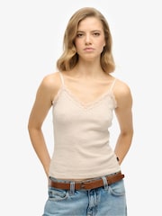 Superdry Cream Essential Lace Trim 100% Cotton Cami Top - Image 1 of 6