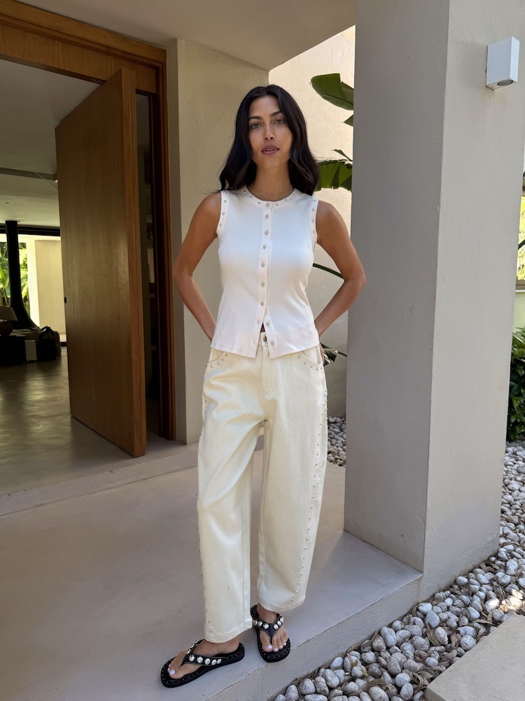 Never Fully Dressed Cream Barell Leg Studded Detail Jeans - Image 2 of 4