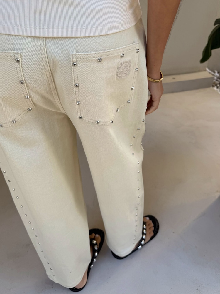 Never Fully Dressed Cream Barell Leg Studded Detail Jeans - Image 4 of 4