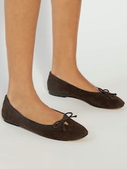 Dune London Brown Hilife Bow Suede Ballet Flat Shoes - Image 1 of 6