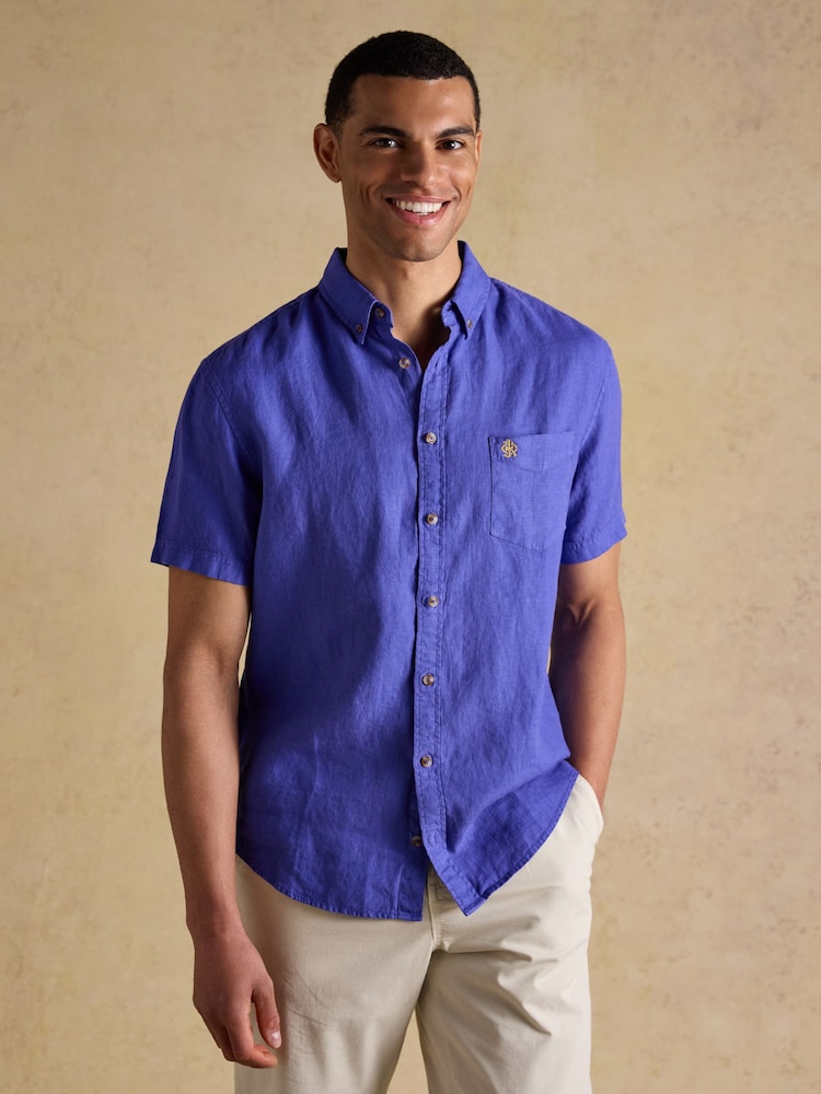Joules Blue 100% Linen Short Sleeve Classic Fit Shirt - Image 1 of 8