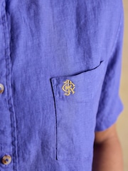 Joules Blue 100% Linen Short Sleeve Classic Fit Shirt - Image 5 of 8