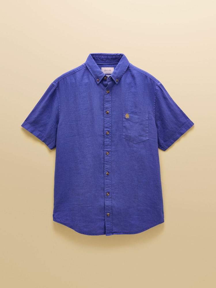 Joules Blue 100% Linen Short Sleeve Classic Fit Shirt - Image 8 of 8