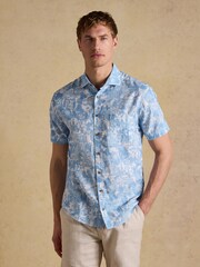 Joules Linen Blend Blue Printed Short Sleeve Shirt - Image 1 of 6