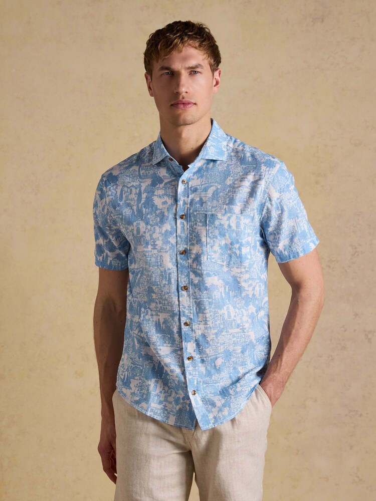 Joules Linen Blend Blue Printed Short Sleeve Shirt - Image 1 of 6
