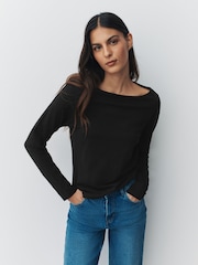 Black Long Sleeve Boat Neck T-Shirt - Image 1 of 7