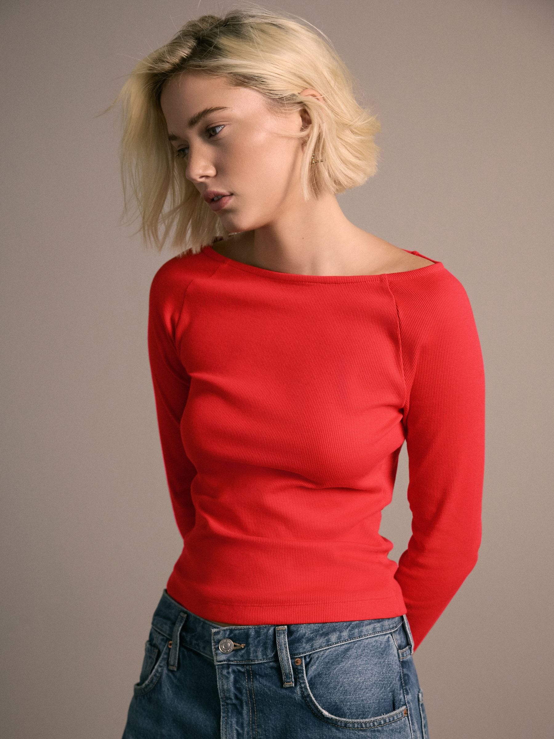 Buy Cherry Red Open Slash Neck Soft Touch Long Sleeve Top from