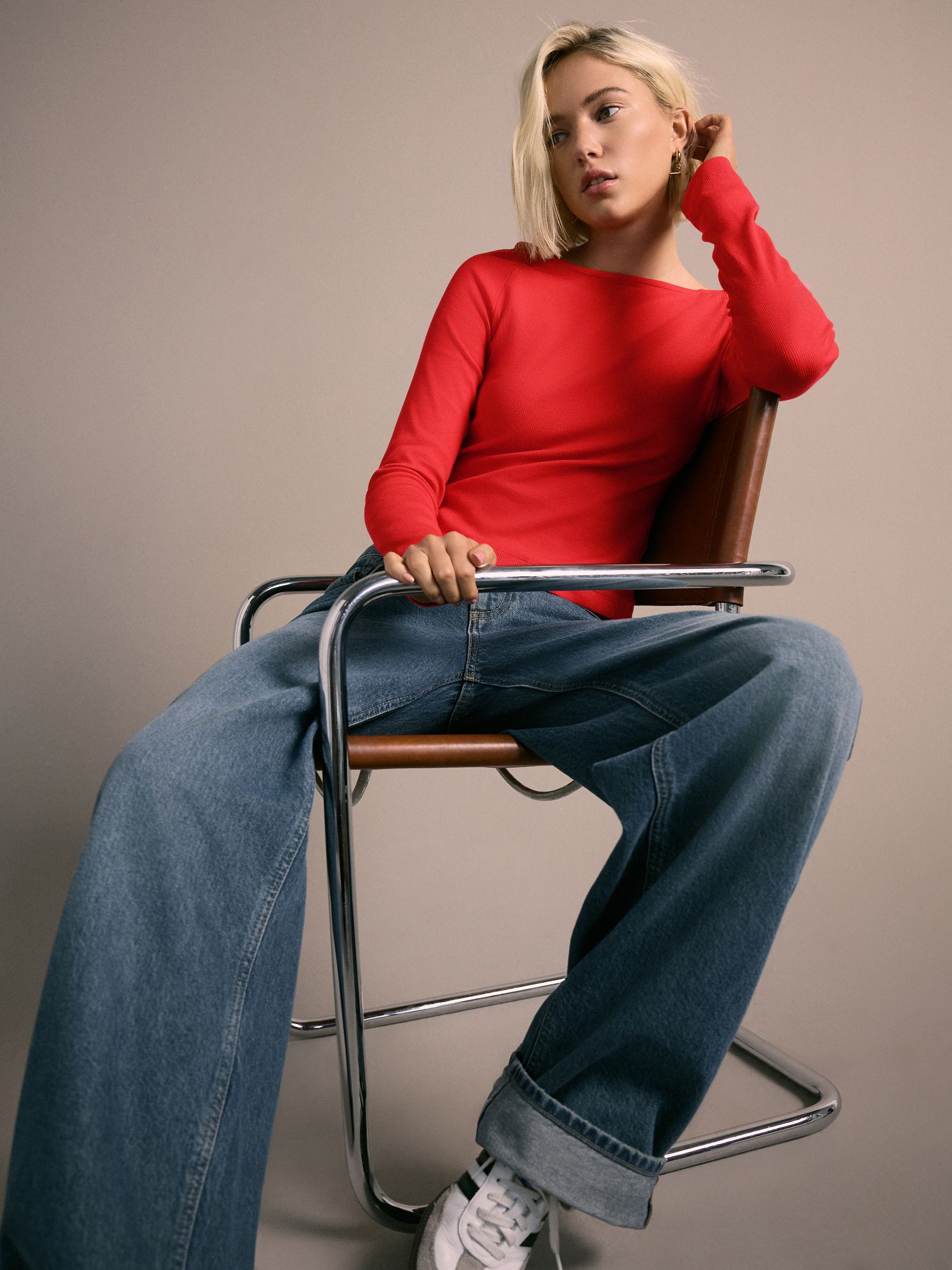 Buy Cherry Red Open Slash Neck Soft Touch Long Sleeve Top from