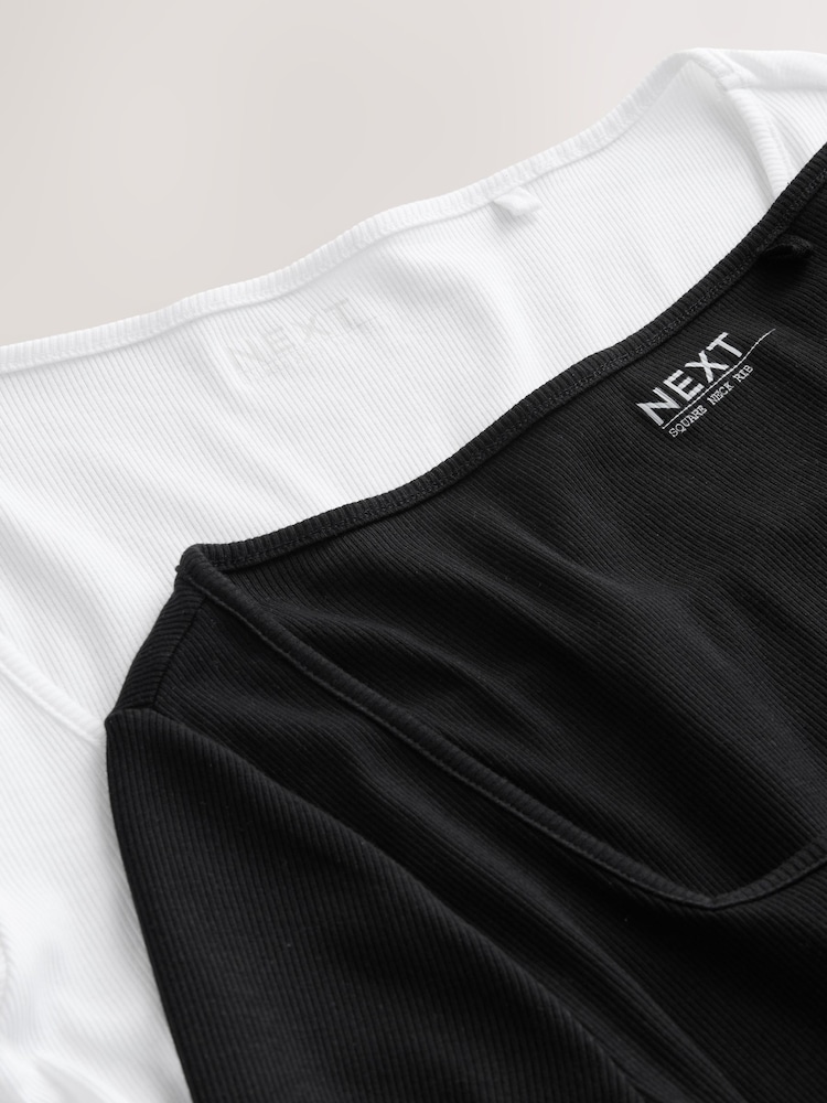 Black/White Ribbed Squre Neck Long Sleeve Tops 2 Pack - Image 5 of 5