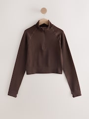 Chocolate Brown Ribbed Zip-Up Long Sleeve Top - Image 1 of 3